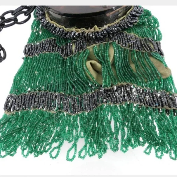 Antique Circa 1920's Art Deco Beaded Green Dance Bag Purse w/ Bakelite Top
